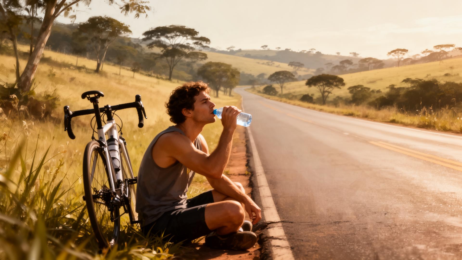 A lone cyclist resting on a sunlit countryside road