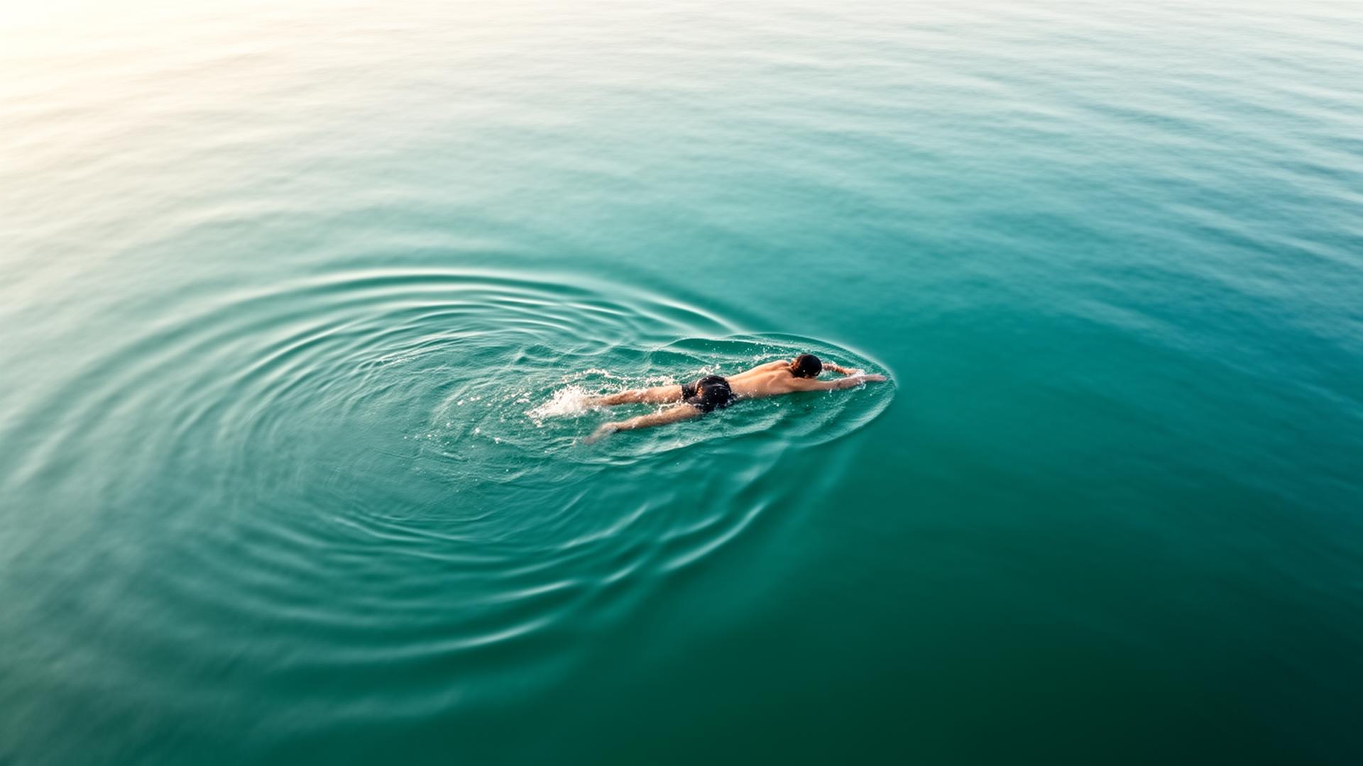 A lone open-water swimmer crossing a calm sea