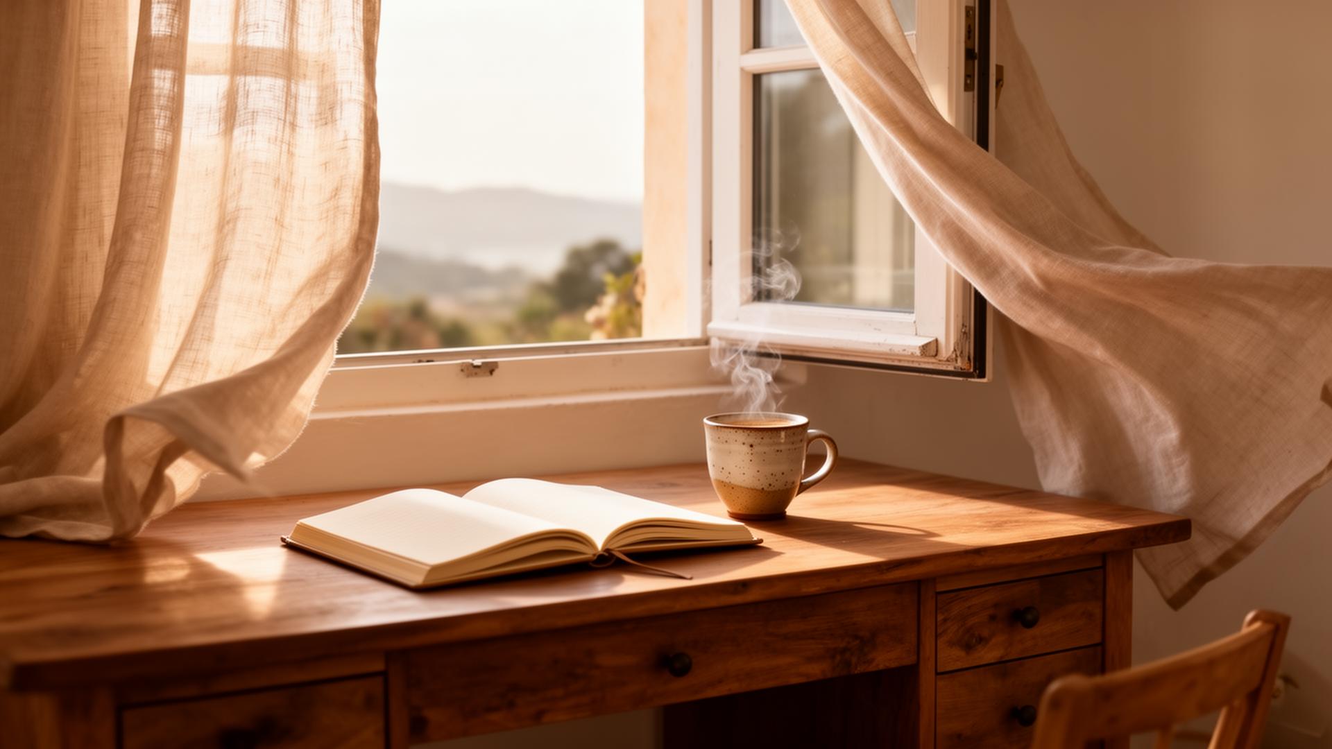 A quiet morning desk by an open window with a journal and steaming coffee
